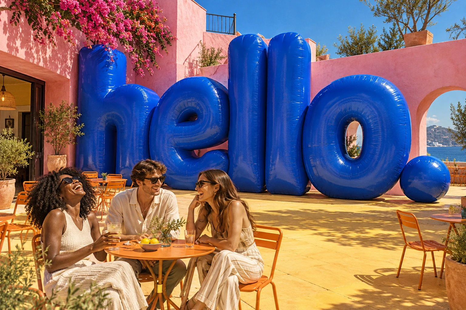 Original campaign artwork: friends at a colorful café beneath an oversized blue hello sculpture